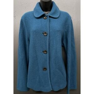 Lands End Boiled Wool Jacket 12 Blue Teal Collared Pockets Blazer Sweater Preppy